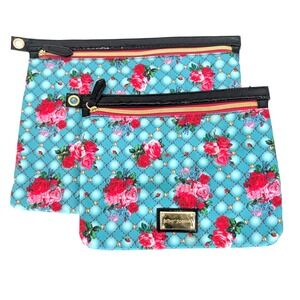 Betsey Johnson Rose Floral Makeup Pouch Set of 2 Travel Cosmetic Bags Retro Glam